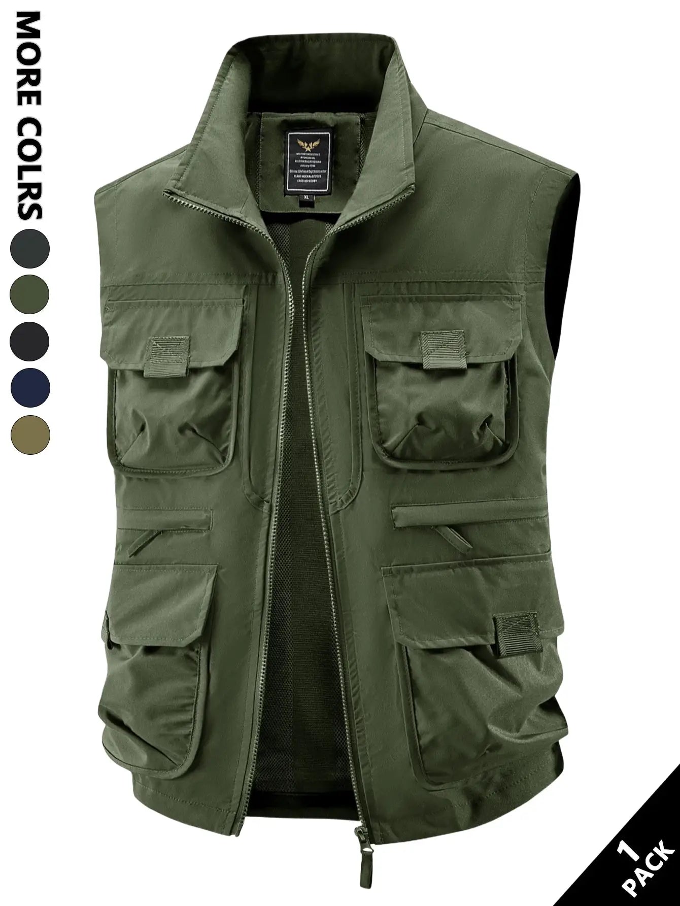 Simples Market men's casual work vest in olive green with multiple cargo pockets and front zipper.