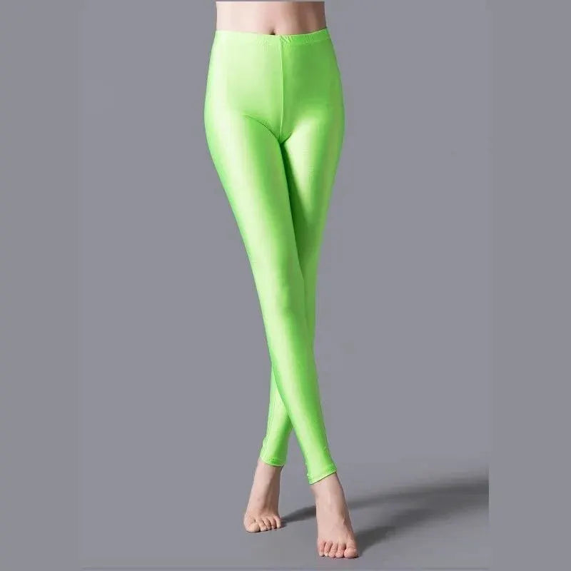 Leggings neon green shiny high-elastic skinny fit, skin-friendly, tight yoga pants for women.