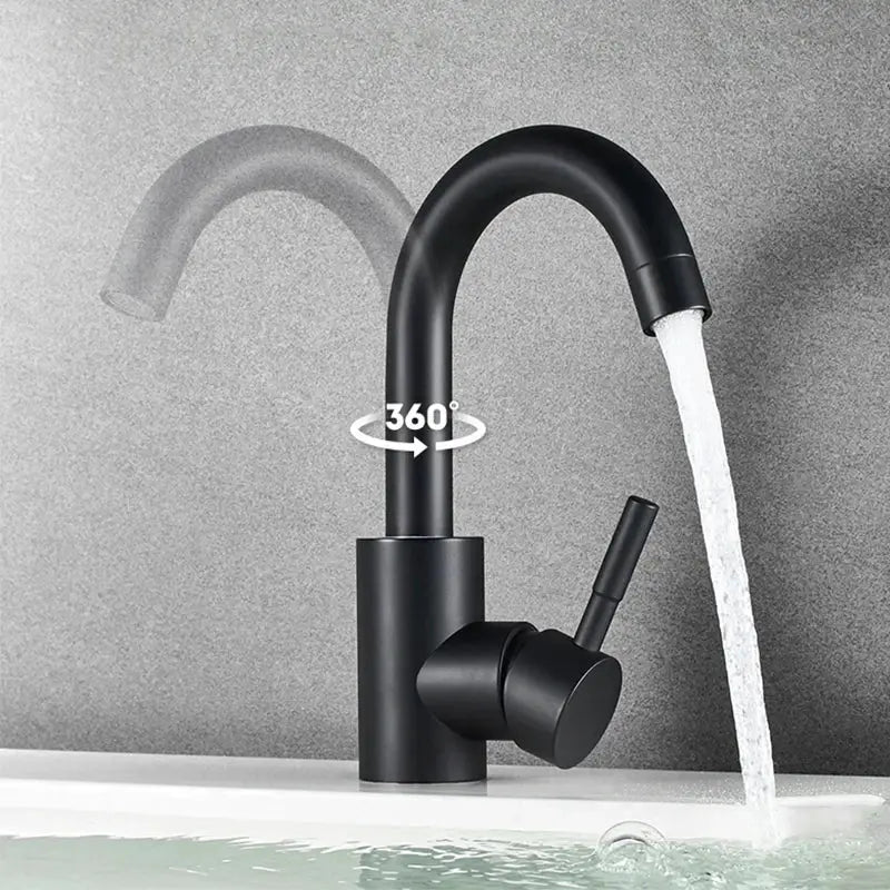 Simples Market 304 stainless steel bathroom basin faucet in black matte finish with 360° rotating single-handle mixer
