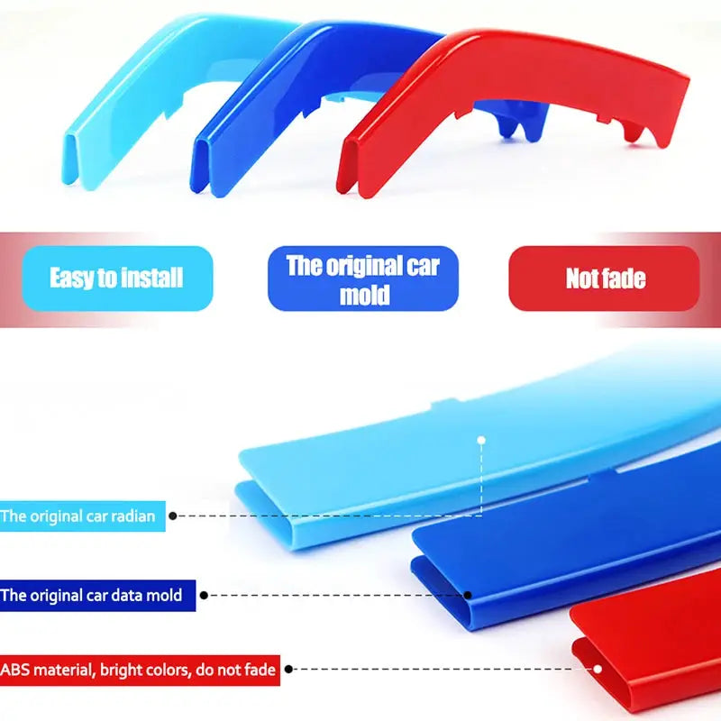 3Pcs BMW front grille trim strips by Simples Market, ABS material in light blue, blue and red.