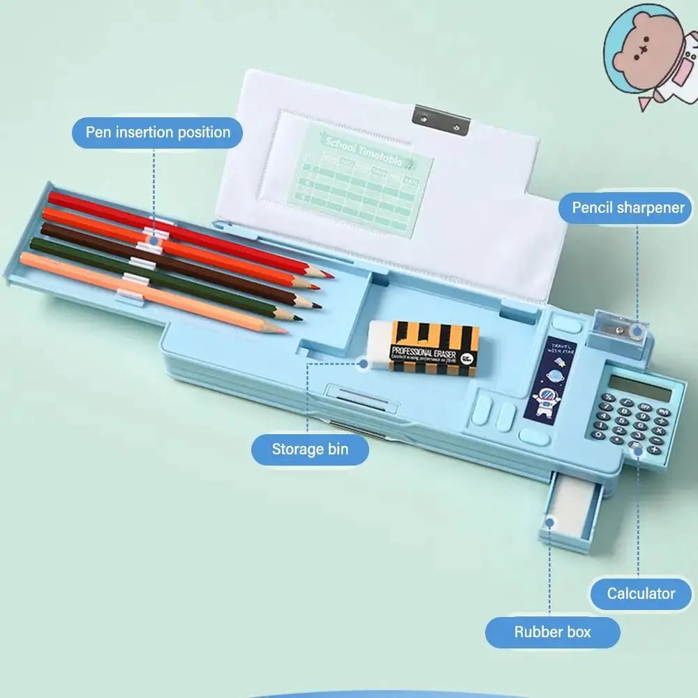 Double-layer blue pencil case with built-in calculator, pencil sharpener and storage bin by Simples Market