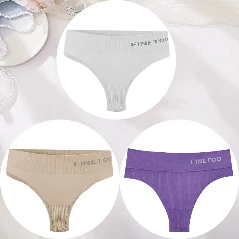 3-pack FINETOO seamless high-waist thong panties in white, beige, and purple by Simples Market