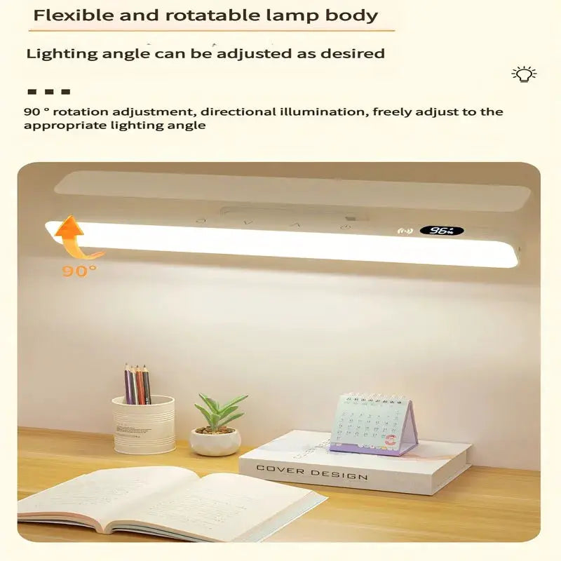 Touch table lamp with magnetic mount; white body, built-in rechargeable battery, and 96% battery indicator