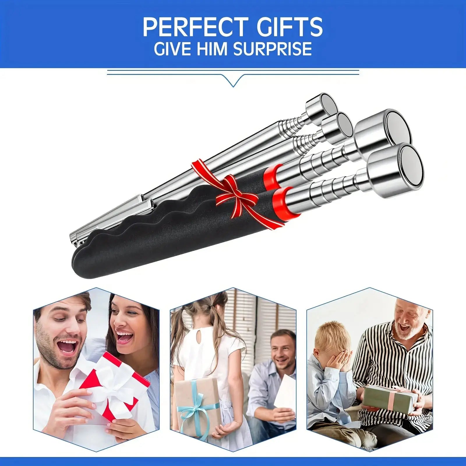 Telescopic magnet pickup tool set of five with silver extendable rods, black handle and red accents