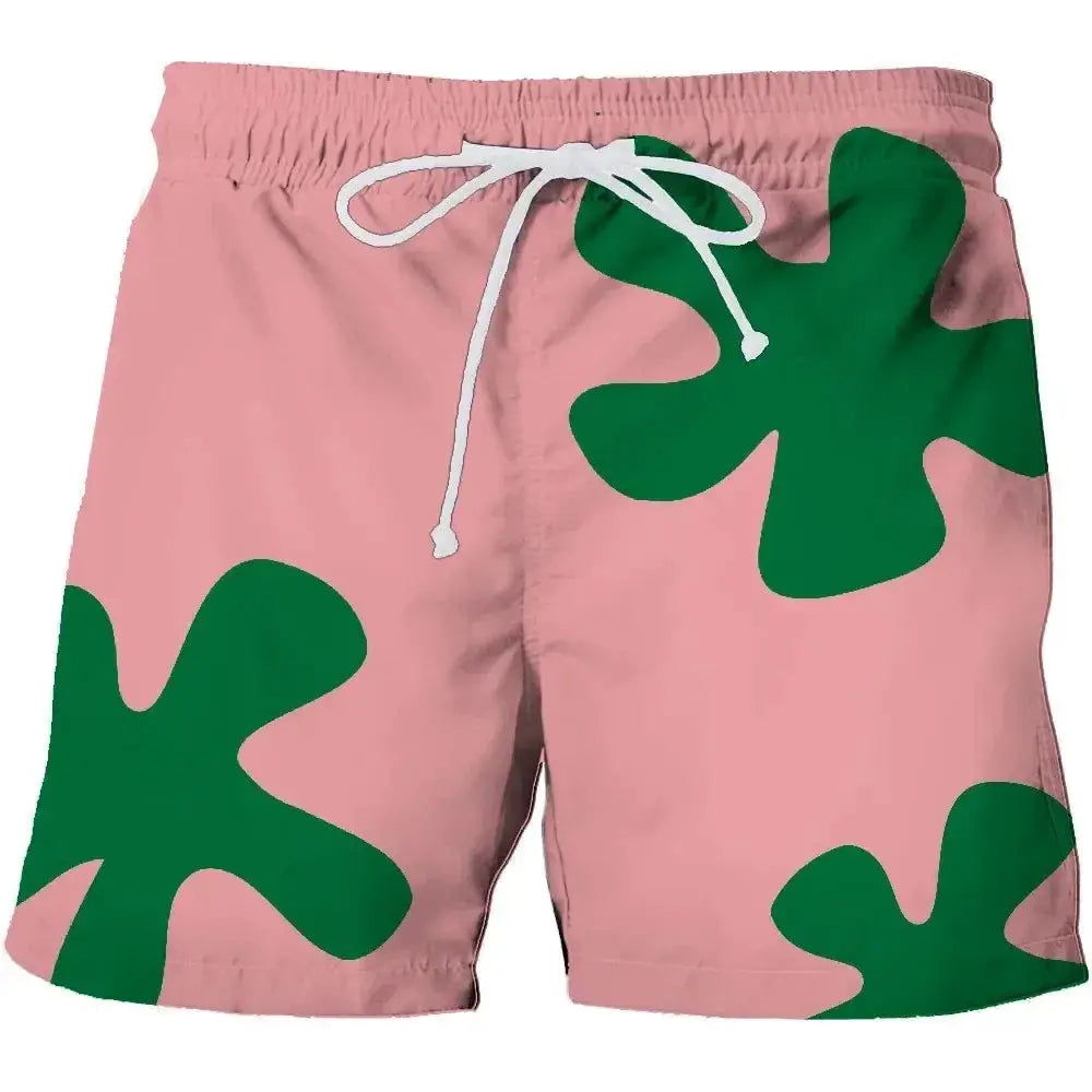 Patrick Star 3D board shorts; pink quick-dry swim trunks with green abstract shapes, unisex beachwear