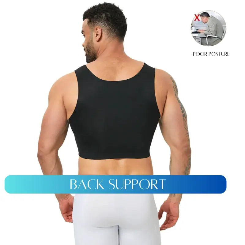 Men's seamless shaping short vest, black sleeveless underwear with back support graphic