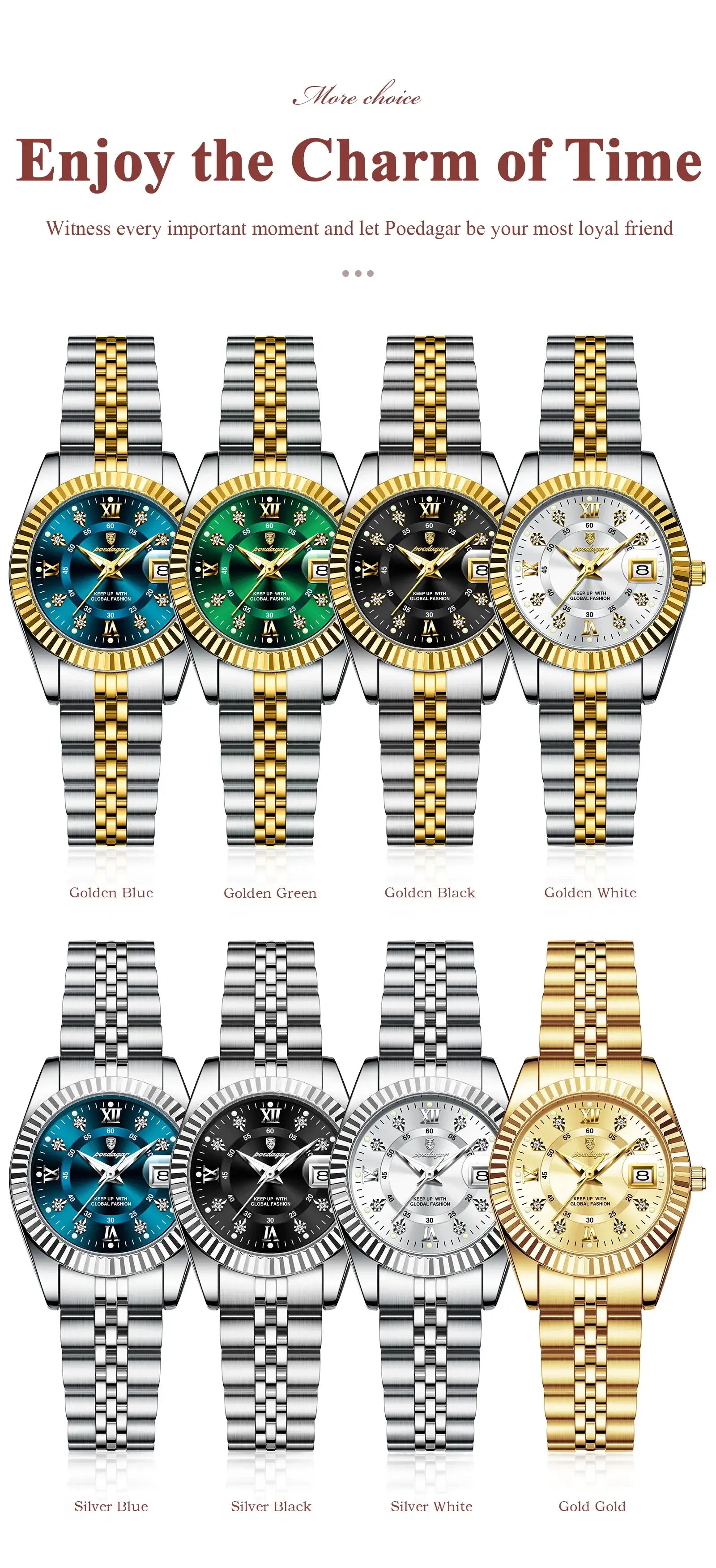 Poedagar women's luxury watches, eight two-tone stainless steel timepieces with blue, green, black, and white dials