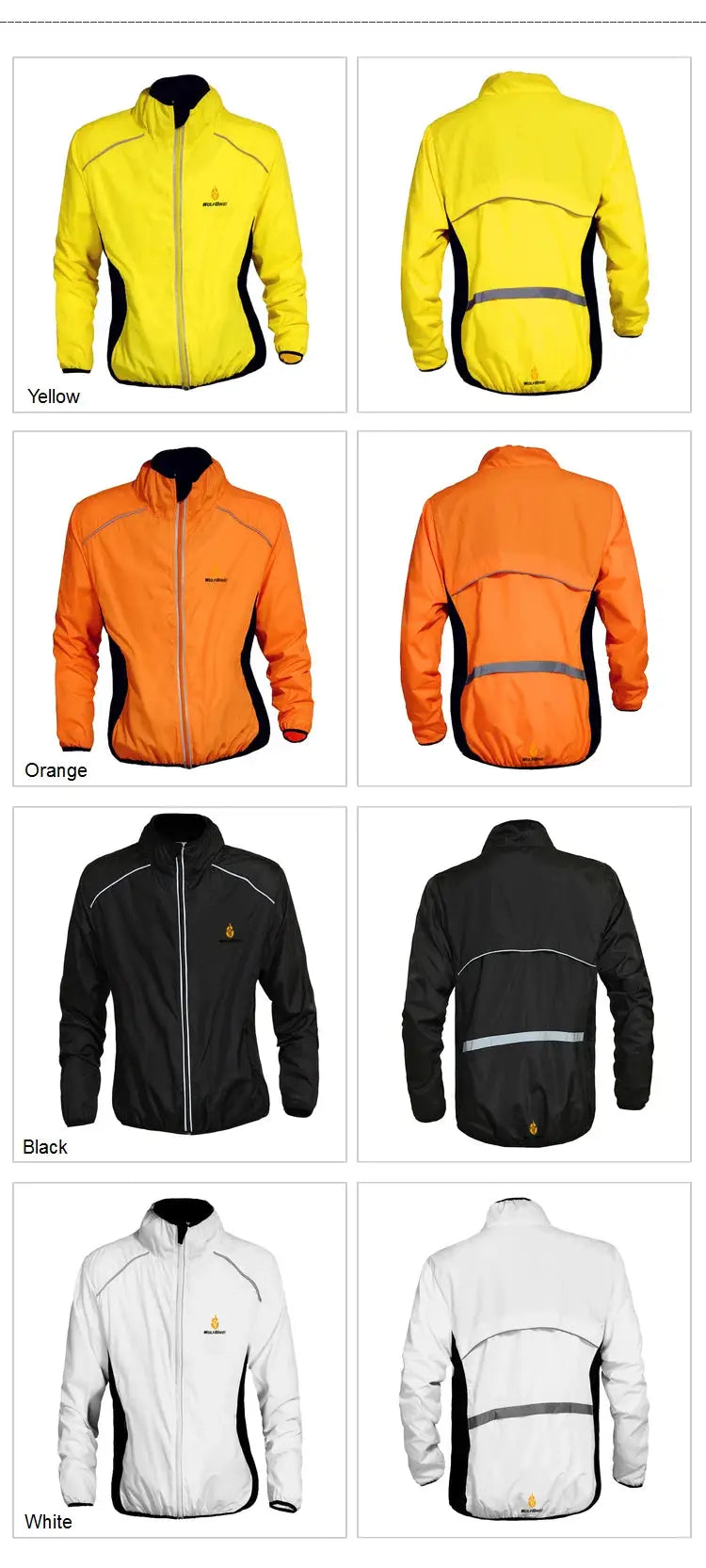 WOSAWE windproof water-repellent reflective cycling jacket; 4 colors (Yellow, Orange, Black, White) front/back views