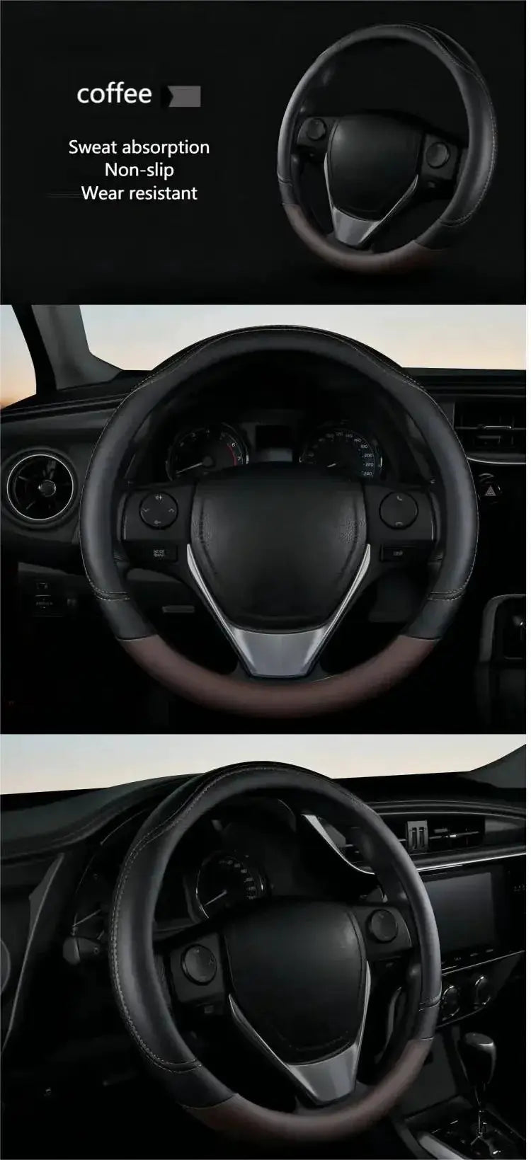 Steering wheel cover by Simples Market, PU leather, black and pink, anti-slip, universal fit.