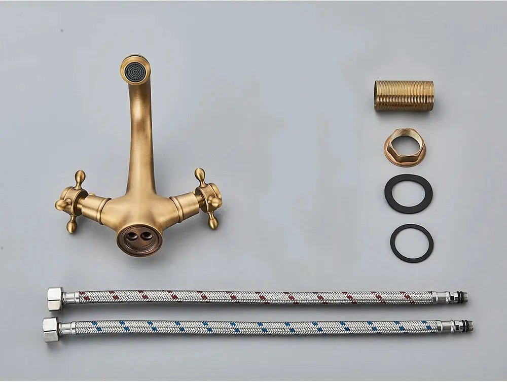 Antique brass bathroom faucet mixer with two cross handles and braided supply hoses (2), deck-mounted