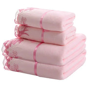 Lace-embroidered microfiber bath towel set, pink, 4 towels, Simples Market, quick-dry large towels