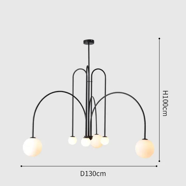 Nordic minimalist pendant light with curved black metal arms and five spherical glass shades, 130cm diameter