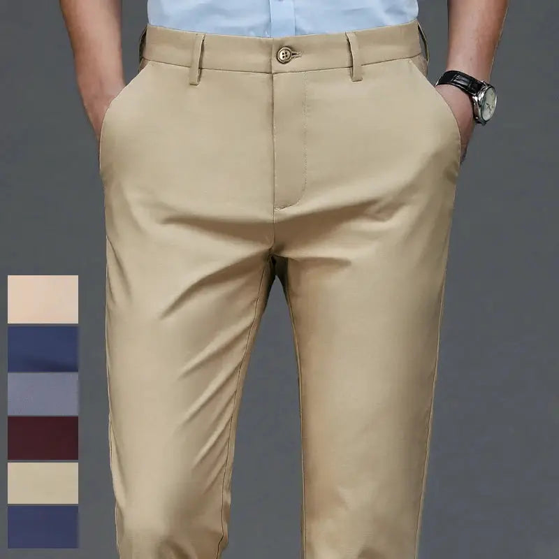 Men's stretch beige smart-casual trousers for office wear; solid color with color swatches shown.