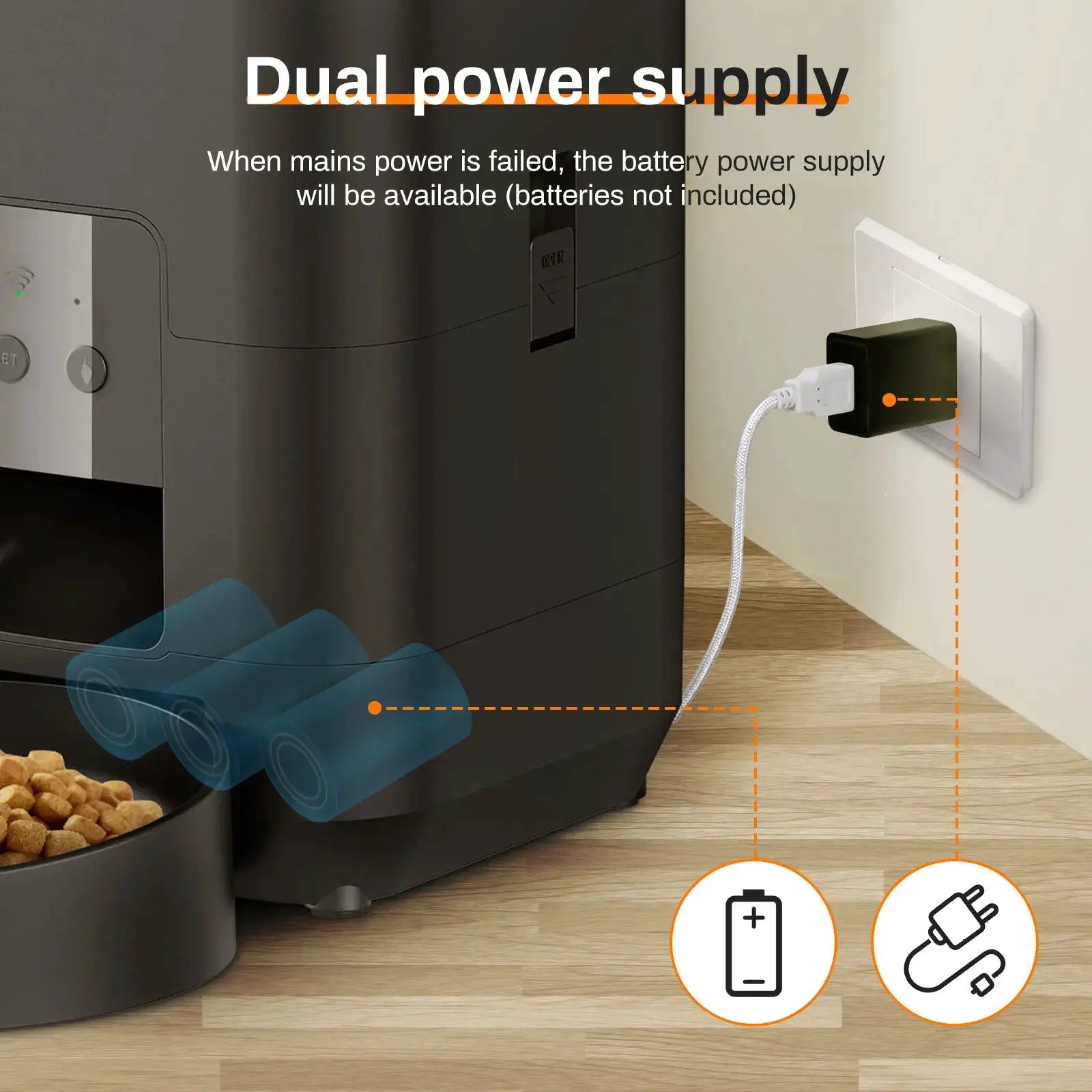 Smart pet feeder by Simples Market, black automatic cat/dog food dispenser with USB power adapter