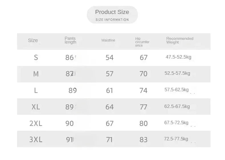 Simples Market UPF50+ women's yoga leggings size chart, sizes S–3XL, with pants length, waist and hip measurements.