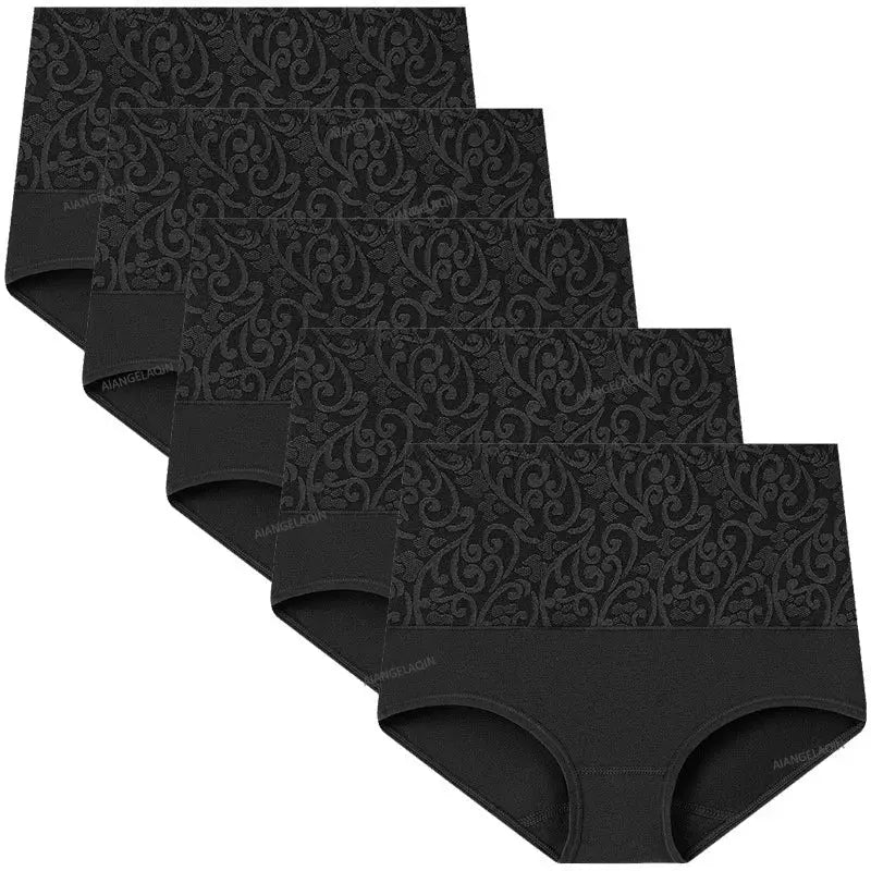 Five-pack plus-size women's high-waist cotton panties with a subtle floral jacquard pattern