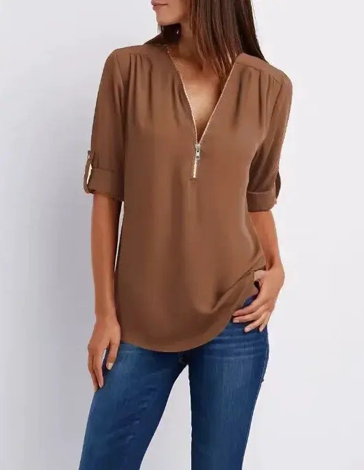 Simples Market brown chiffon deep-V neck zipper blouse plus size with rolled sleeves on model