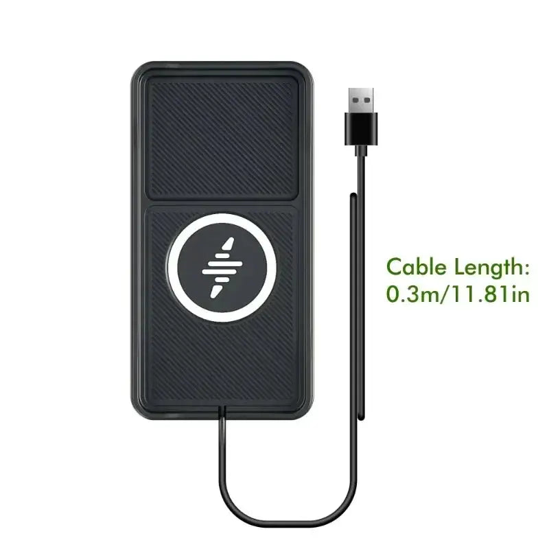 Car wireless charger pad with USB cable, black finish, 0.3m cable length.