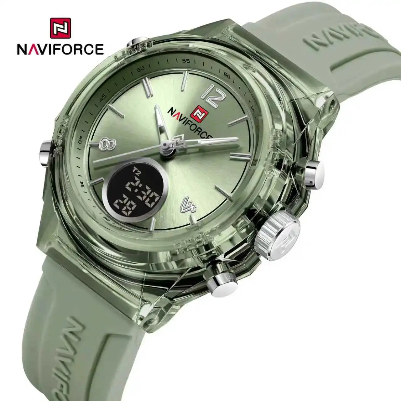 NAVIFORCE women's sport watch with green rubber strap and dual time display.