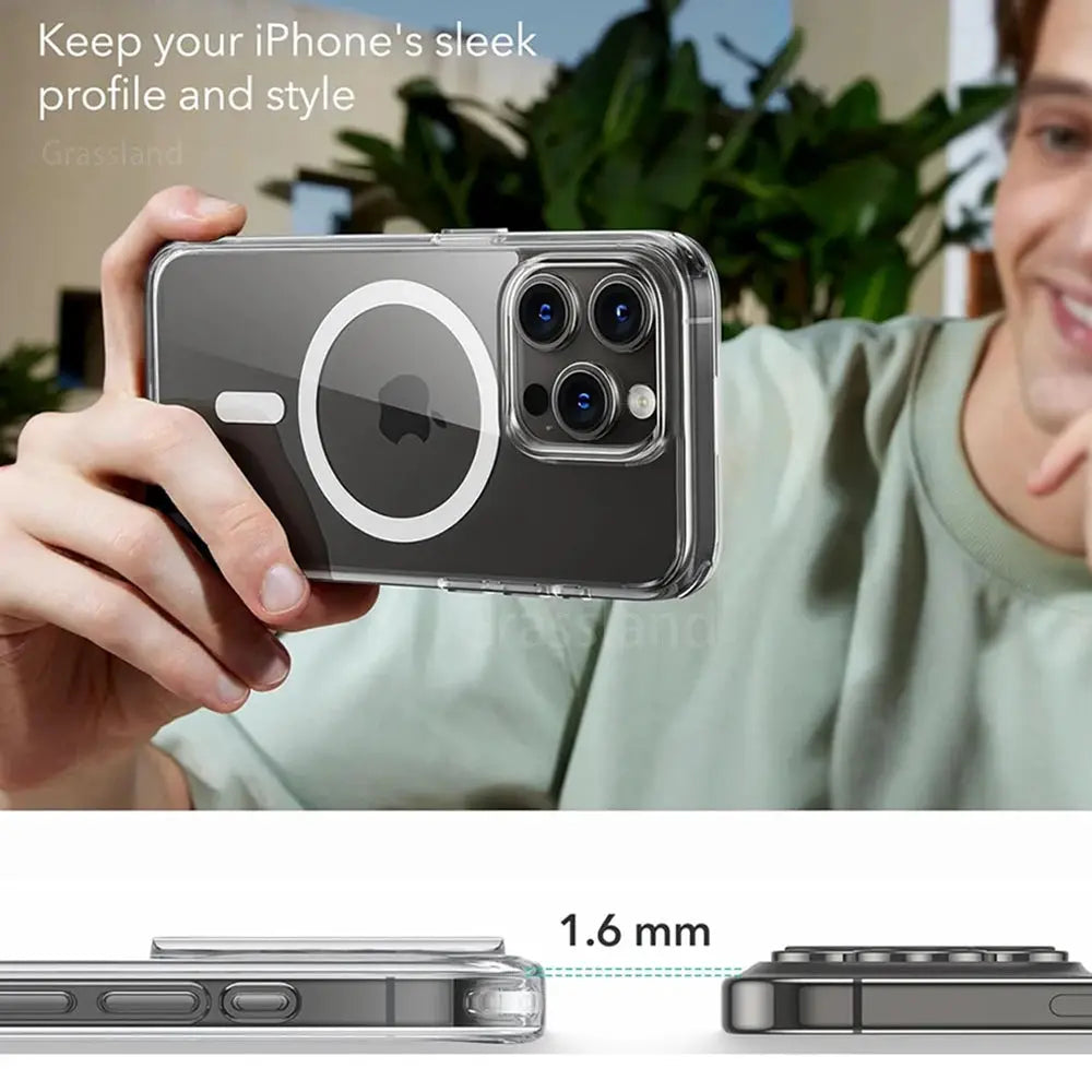 Transparent MagSafe phone case with circular magnetic charging ring and clear back cover for iPhone