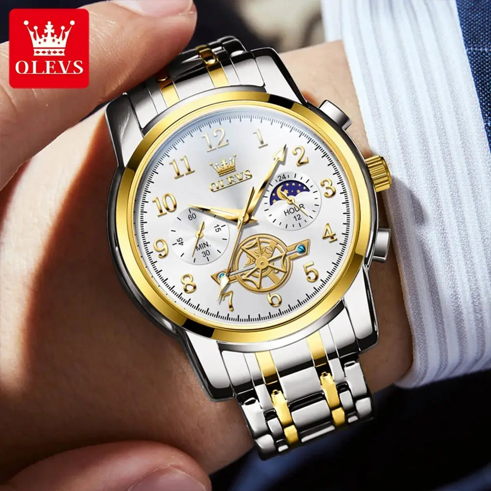 OLEVS Moon Phase Watch for Men, stainless steel two-tone bracelet with gold accents and skeleton chronograph