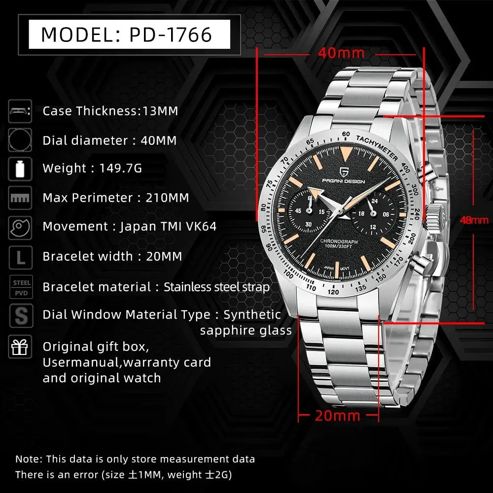 Pagani Design 2026 Retro Chronograph Moon Quartz Watch For Men VK64 Movement Sapphire Crystal Stainless Steel Case
