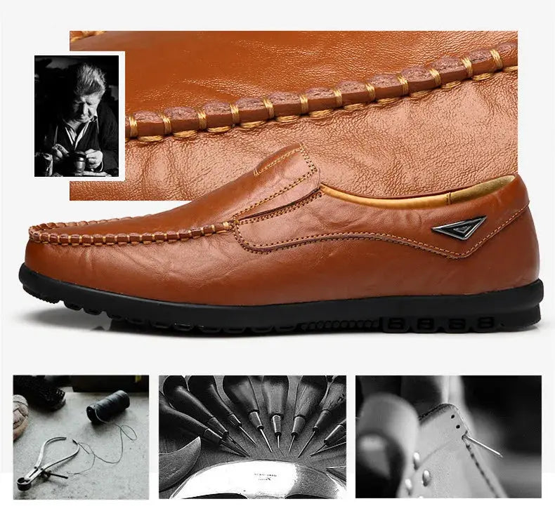 Brown genuine leather men's loafers with moccasin stitching and black sole by Simples Market