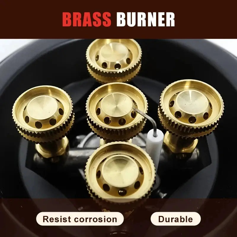 Brass camping gas stove with five burner heads and Piezo ignition