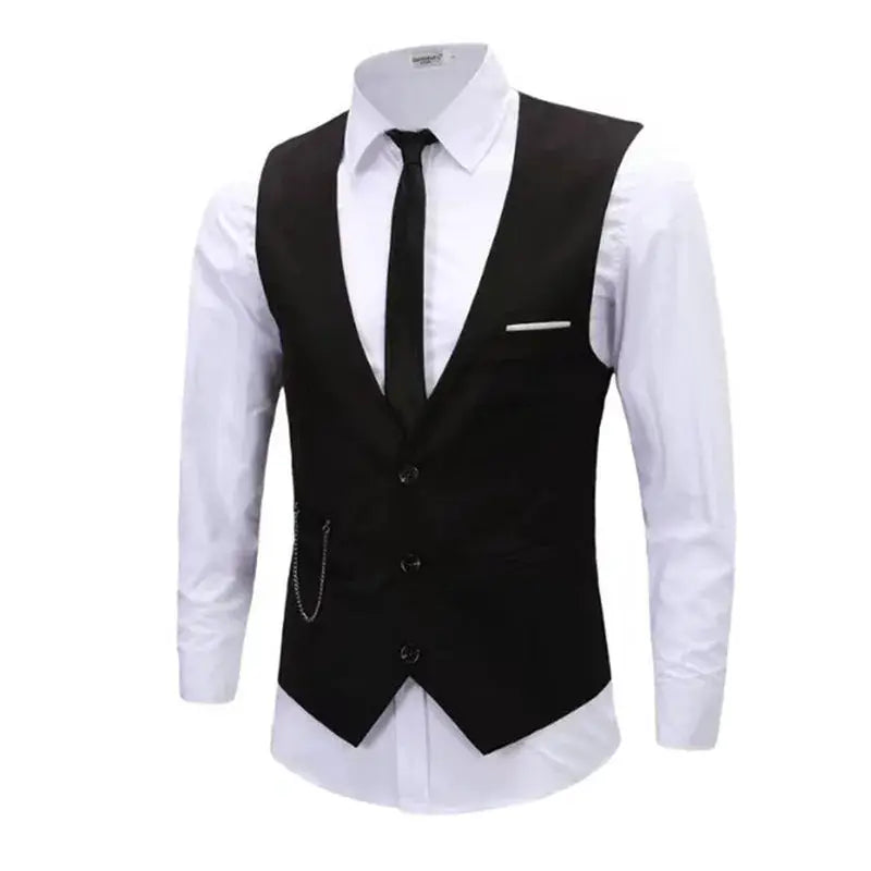 Simples Market 7XL men's dress vest in black with chain pocket, worn over white shirt and black tie