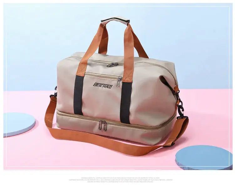 Travel gym bag by Simples Market in beige with orange-brown handles and detachable shoulder strap, duffle carry-on