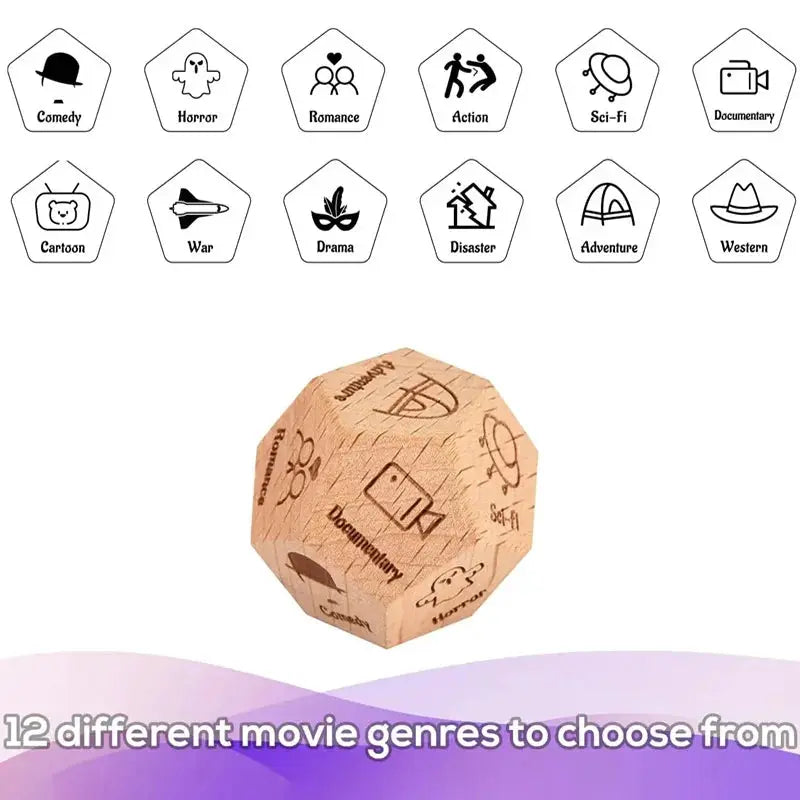 Wooden d20 decision dice featuring movie genres for couples gift ideas