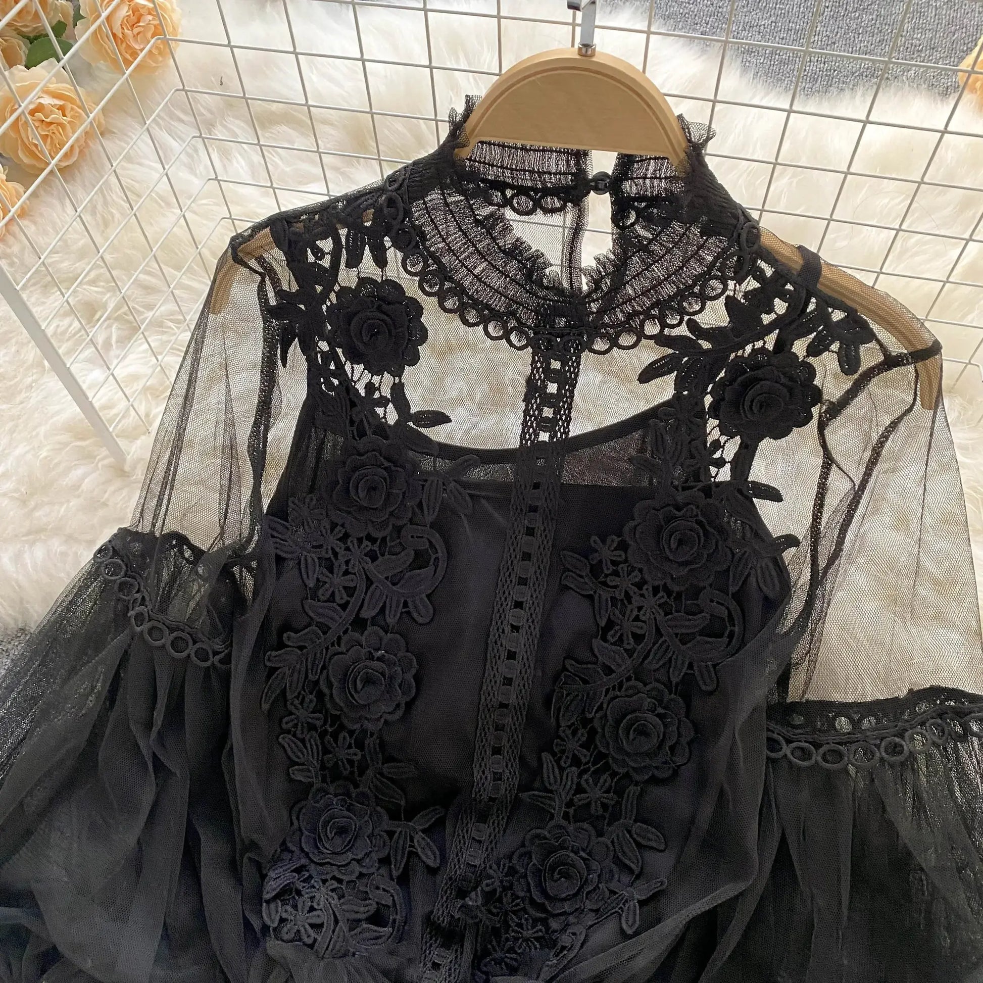 Lace puff long sleeve blouse, black floral lace on sheer mesh fabric