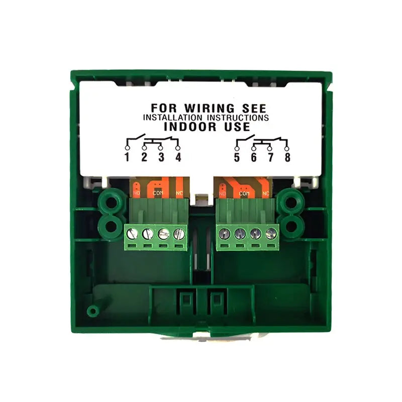 Resettable emergency exit release switch by Simples Market, green enclosure with dual terminal blocks and cover, indoor use