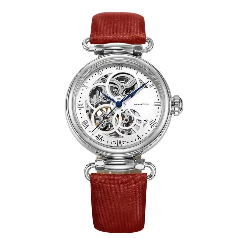 Sea-Gull skeleton women's watch with red leather strap, blue hands, silver case