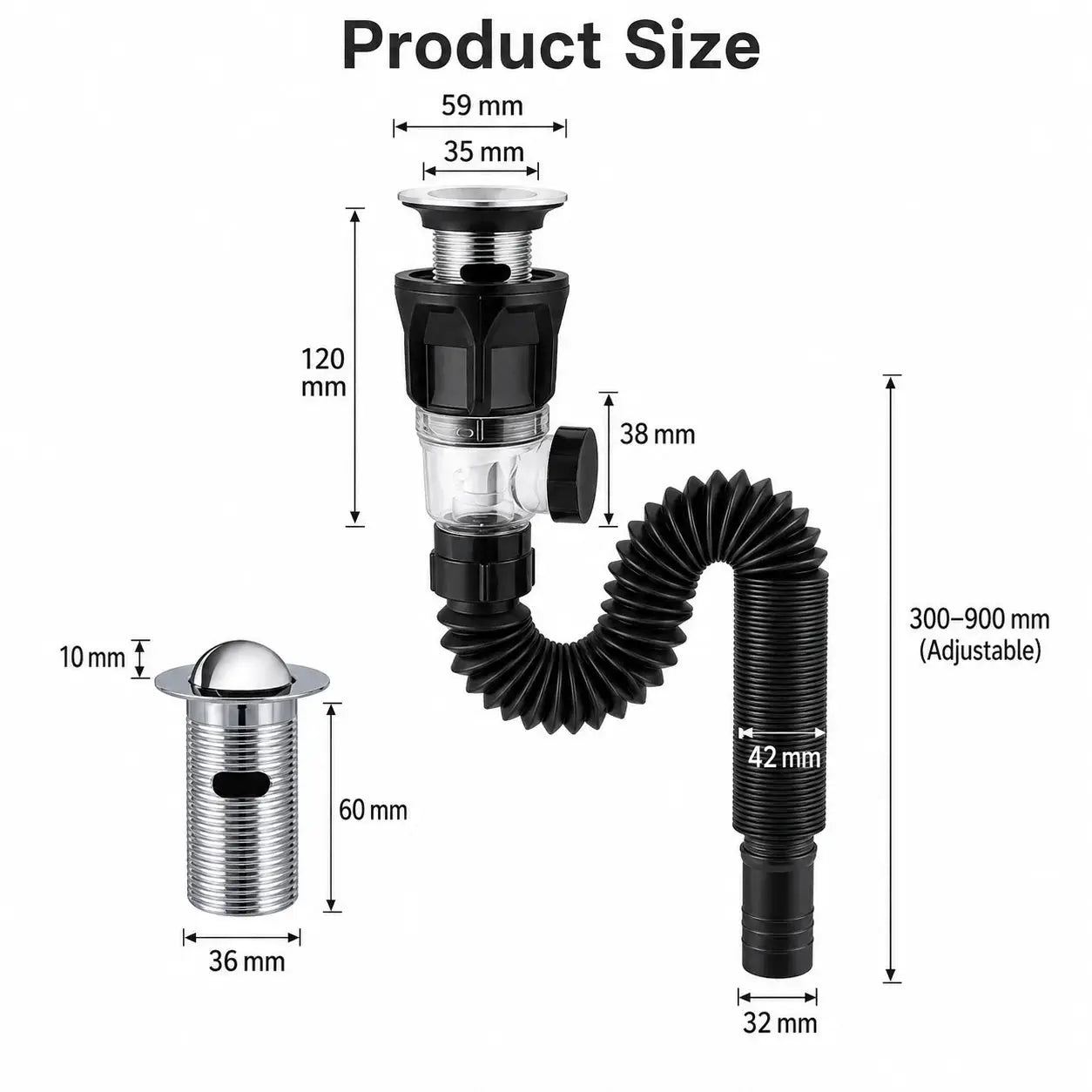 Simples Market bathroom sink drain kit with flexible coiled hose, ABS body, stainless top; multi-piece, adjustable 300–900 mm