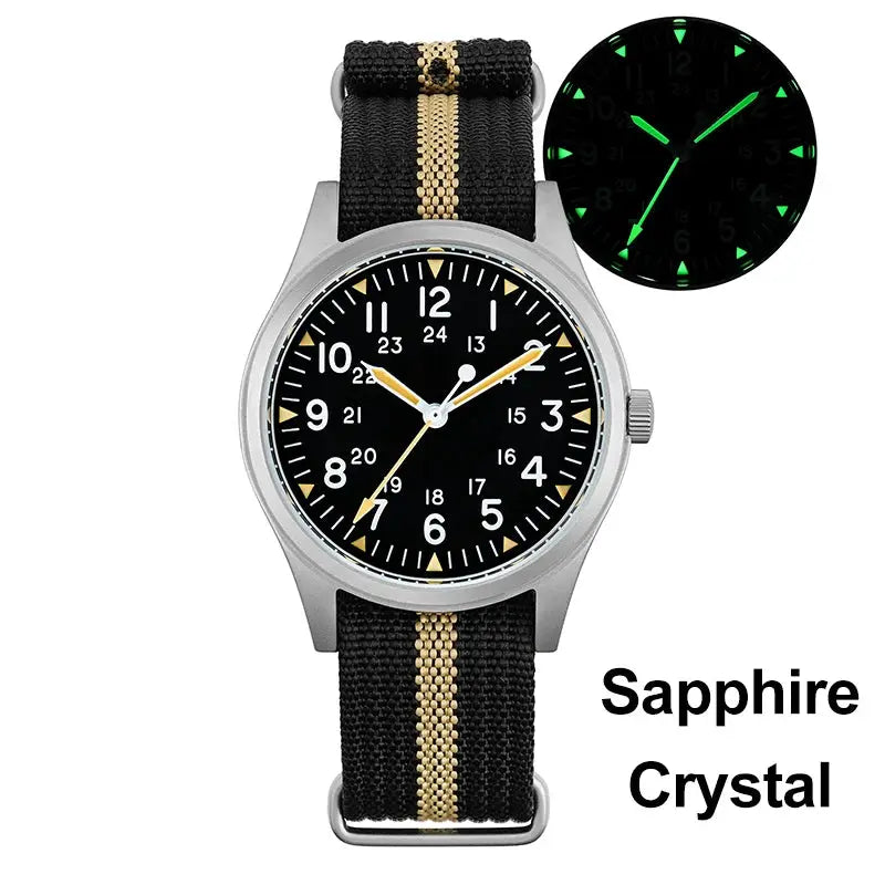 Militado ML07 quartz watch with sapphire crystal, black dial, luminous hands, black and beige NATO strap