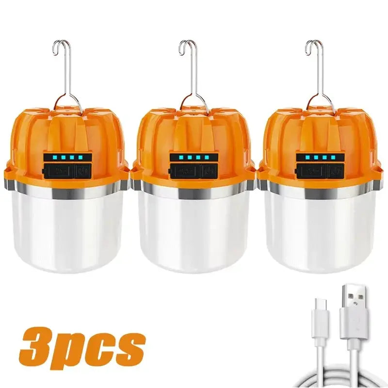 Simples Market 3-pack orange 500W LED camping lanterns with USB rechargeable power display and USB charging cable included