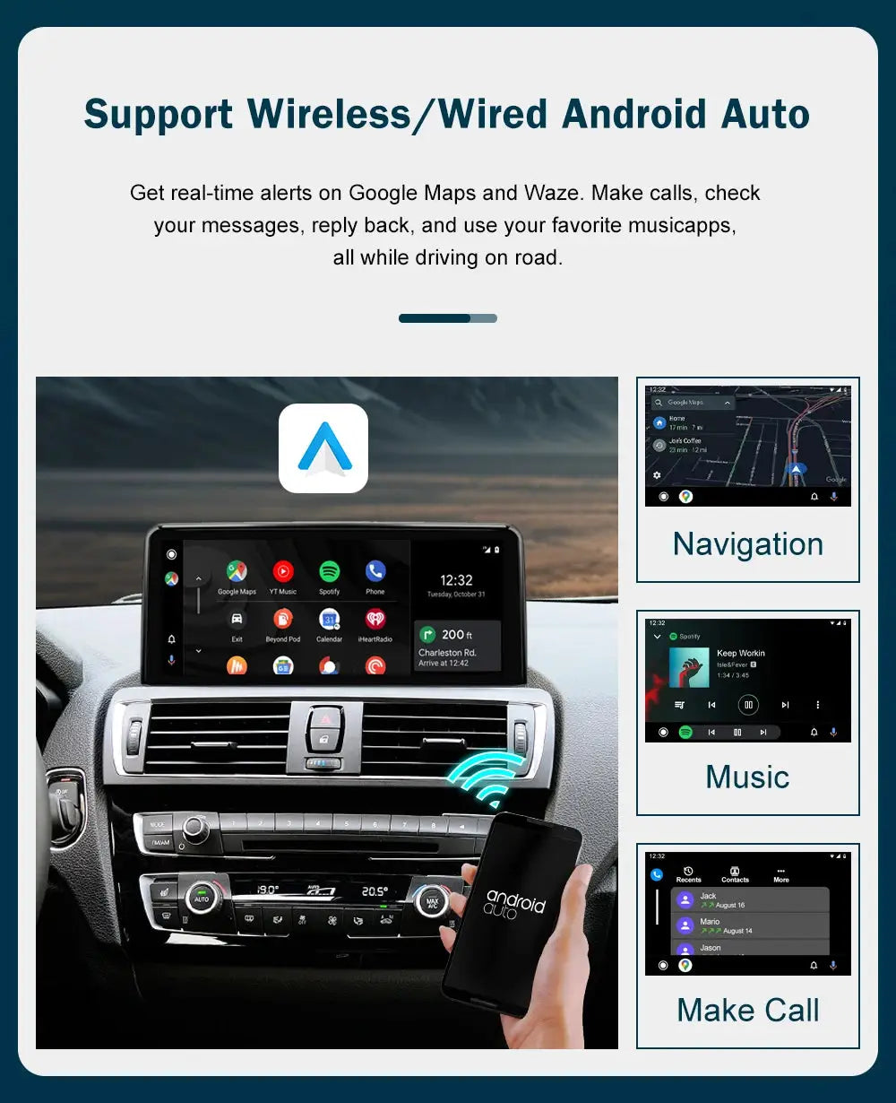 Wireless CarPlay/Android Auto multimedia display screen for BMW in-dash (10.25–12.3 in) with navigation and music apps
