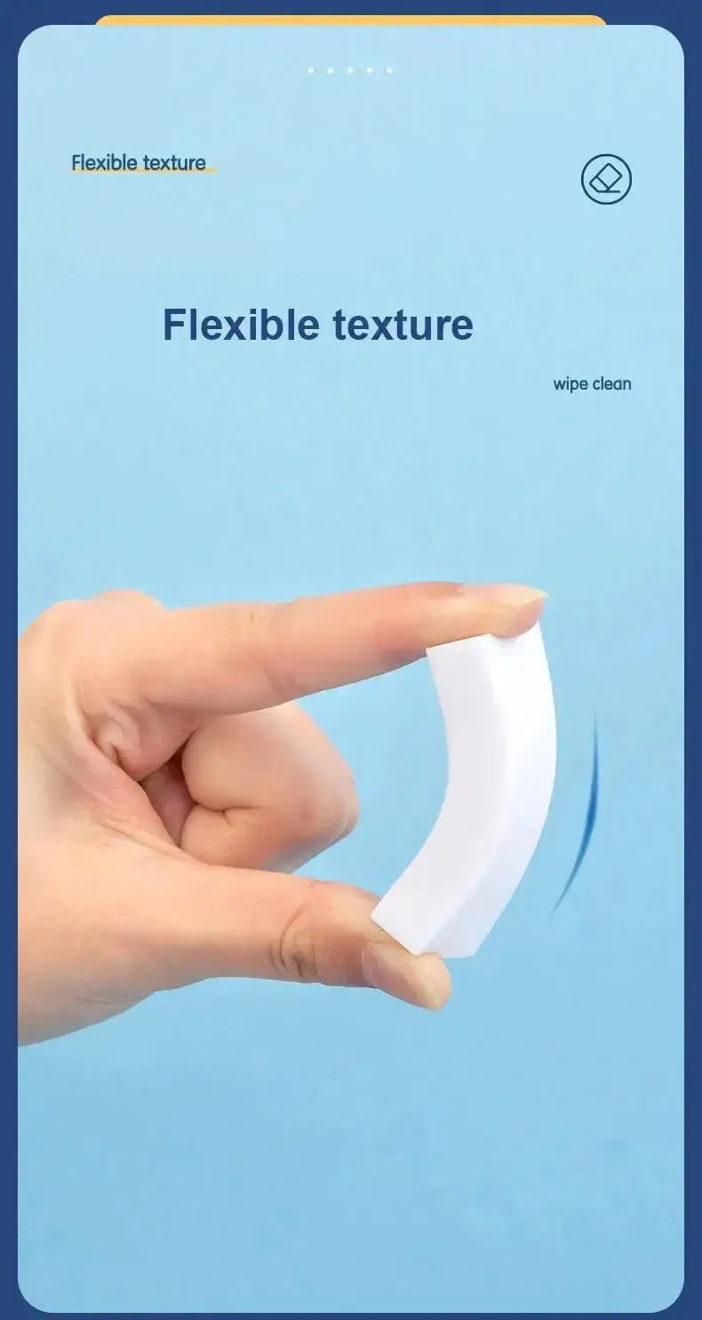 Deli 2B eraser, white curved soft eraser held in hand on a blue background with the words Flexible texture