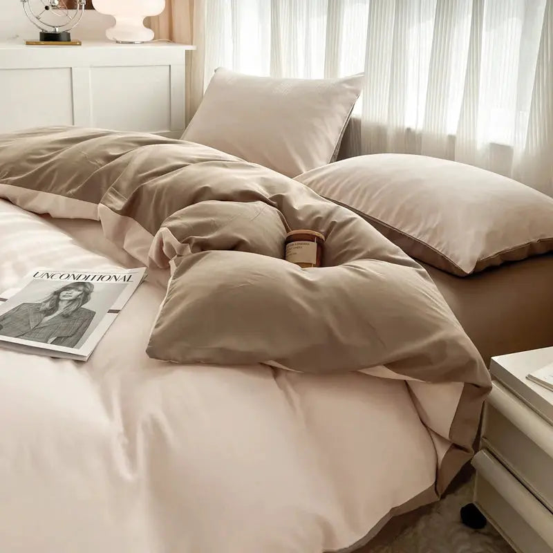2-side solid beige brush fabric bed set, 4 pieces: duvet cover, pillowcases, bed sheet, quilt cover