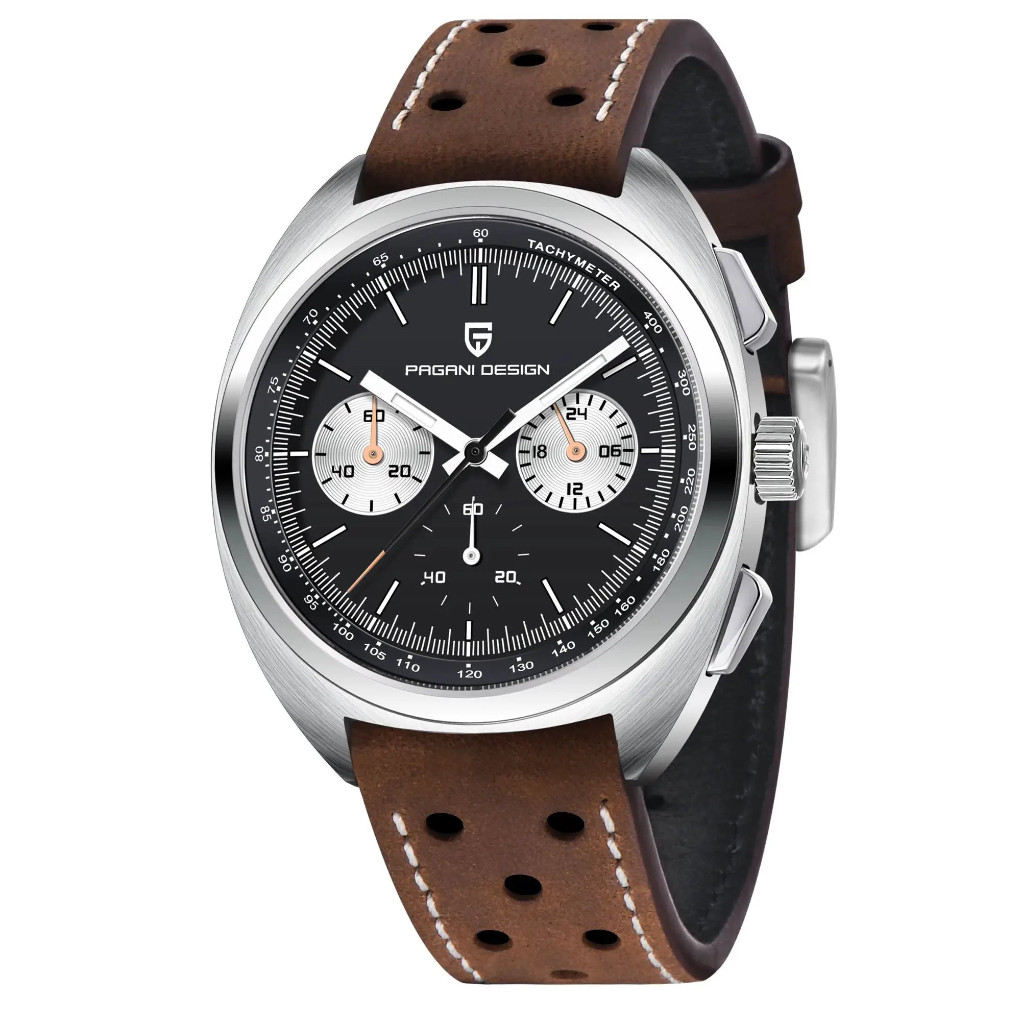 PAGANI DESIGN men's wristwatch with black panda dial and brown leather strap.