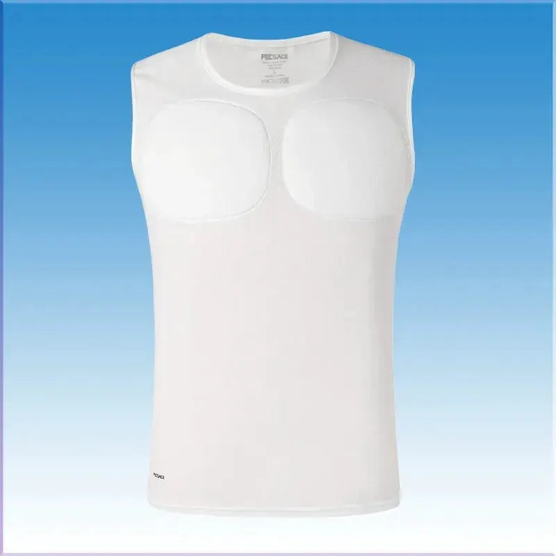 Simples Market 3D fake muscle T-shirt, white sleeveless undershirt with chest padding.