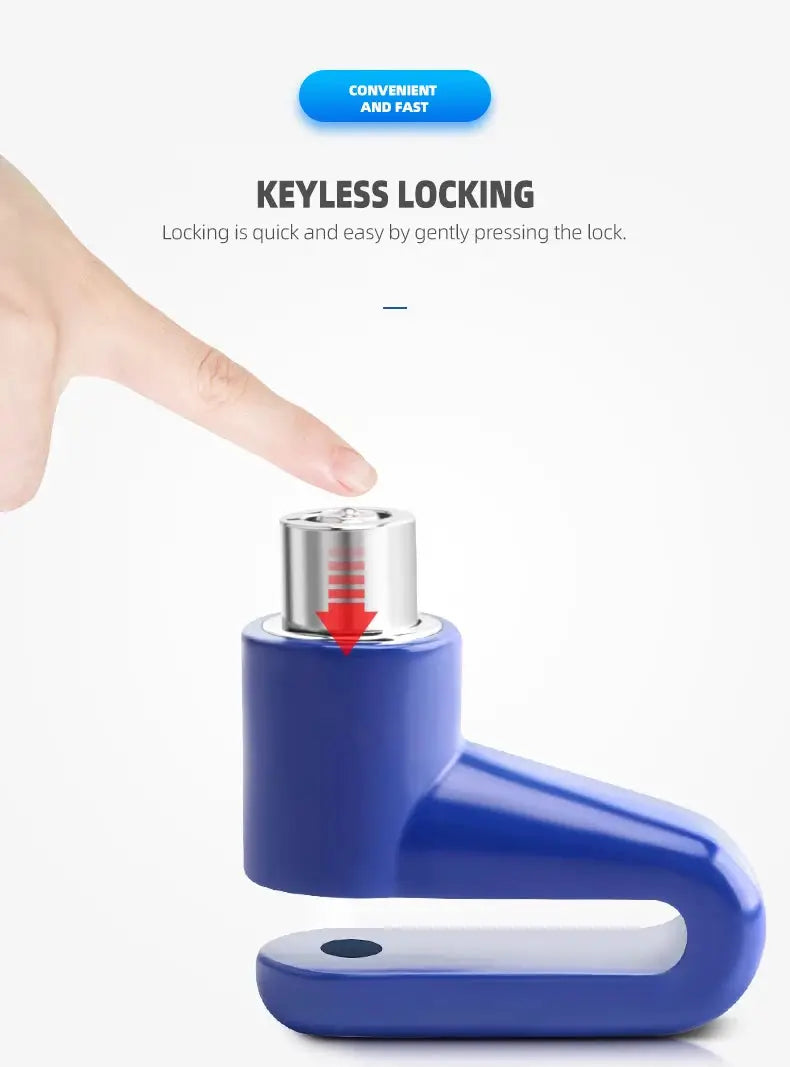 Blue keyless motorcycle disc brake lock with silver top, finger pressing to engage