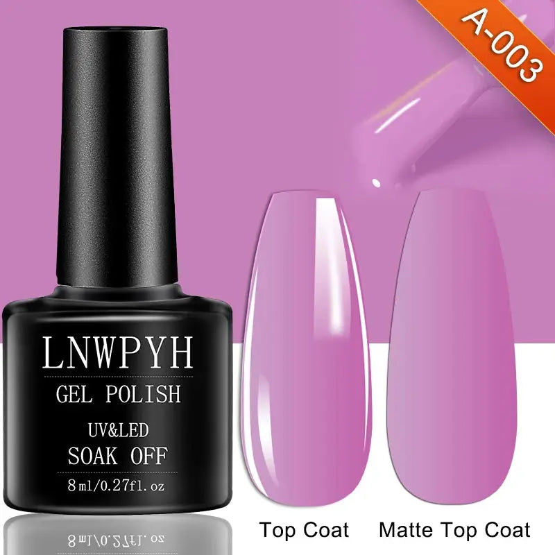 LNWPYH gel polish bottle with purple swatches, top coat and matte top coat swatches, A-003 label