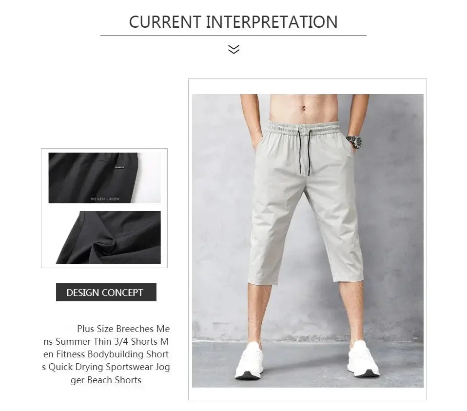 Simples Market 3/4 length men's shorts, light gray ice-silk quick-dry Bermuda with elastic waist