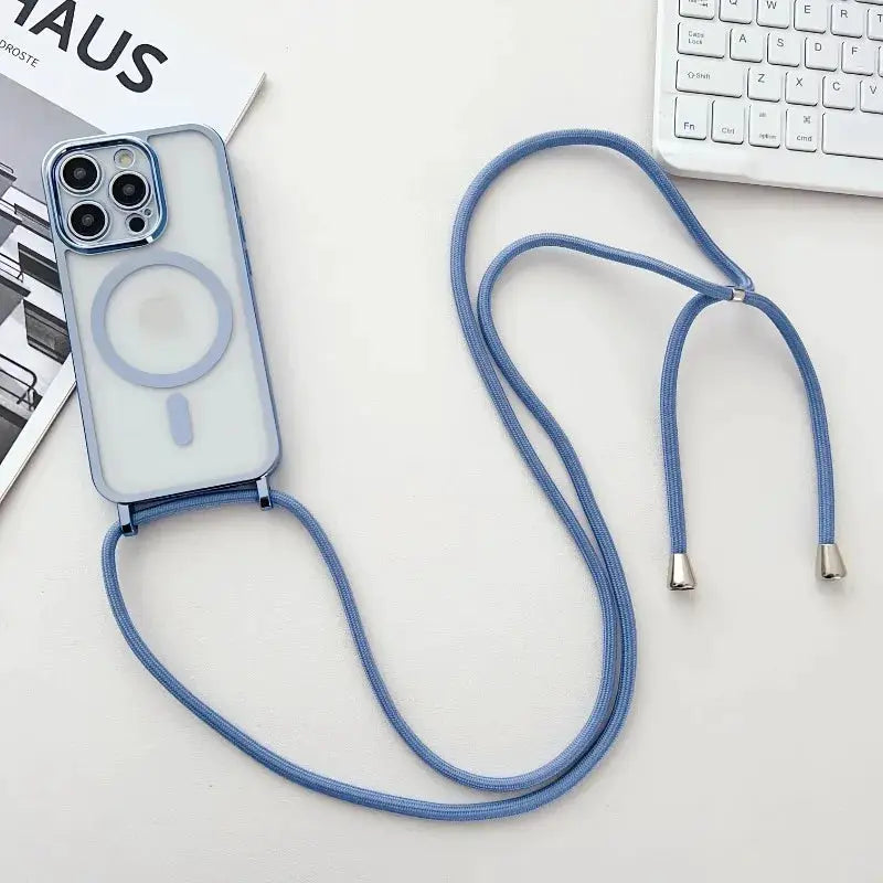 Crossbody lanyard phone case for iPhone by Simples Market with MagSafe ring and blue braided strap with metal tips