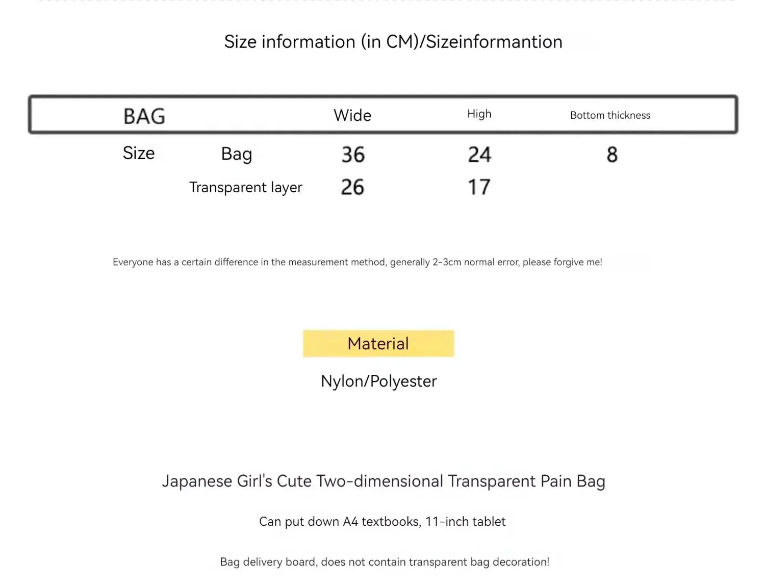 Simples Market Ballet Girl itabag size chart; nylon/polyester material; Japanese two-dimensional crossbody bag