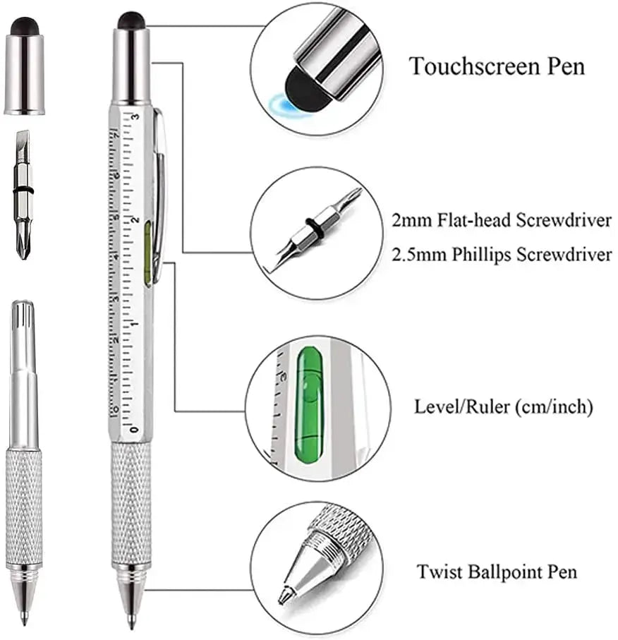 7-in-1 Simples Market multifunction metal ballpoint pen with ruler, level, touchscreen stylus and screwdriver bits