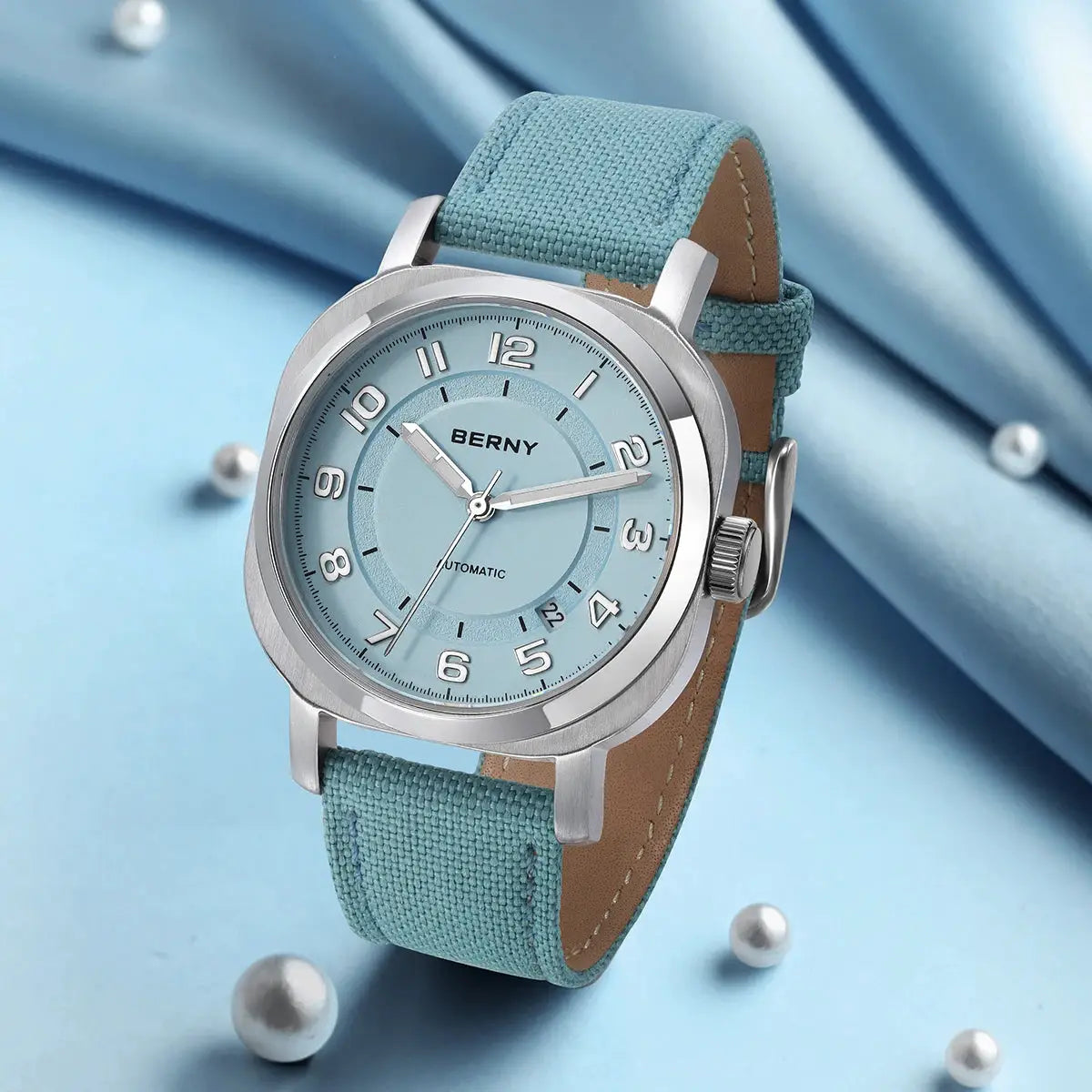 BERNY women's mechanical self-wind watch with turquoise fabric strap and blue dial