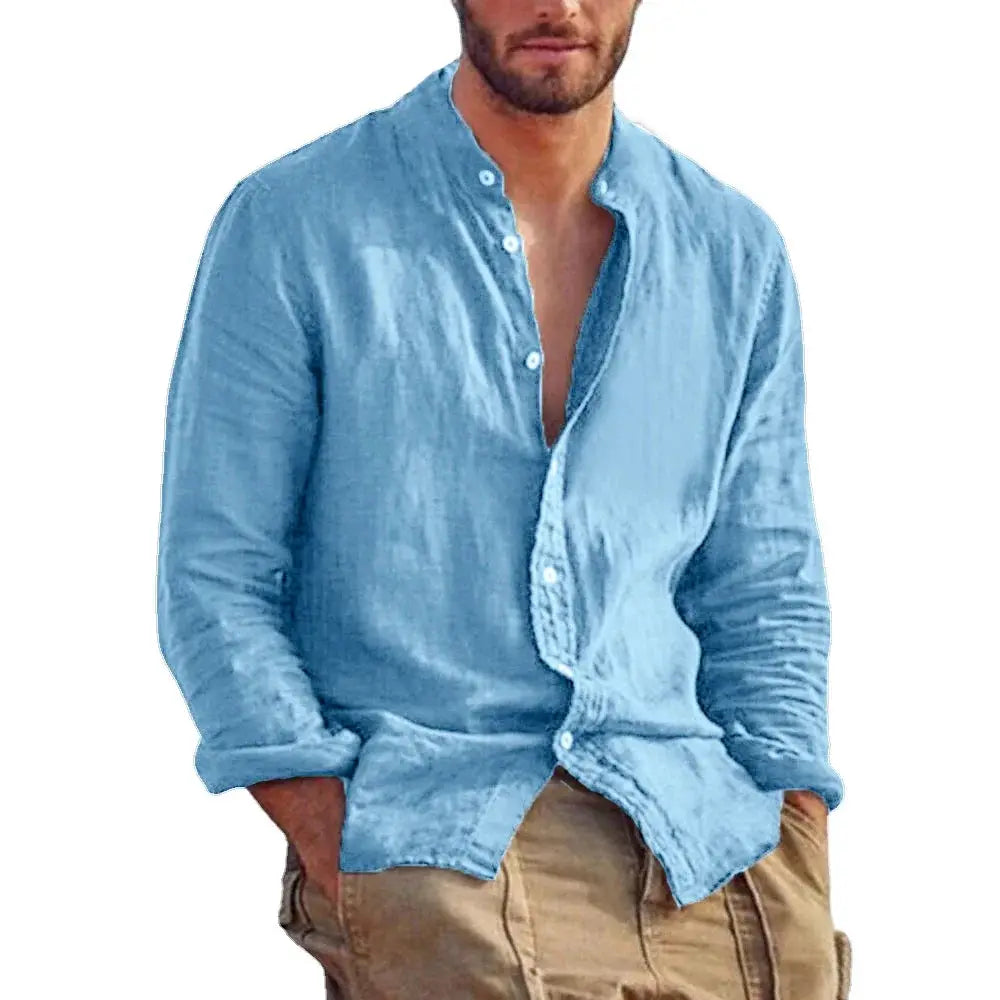 Sweatwear men's linen long-sleeve shirt, light blue, stand-collar, casual lightweight breathable top